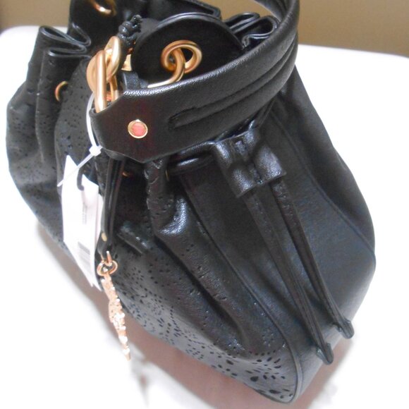 NEW BLK JESSICA SIMPSON HOLLIS HOBO FAUX LEATHER PURSE BAG GOLD BUTTERFLY CHARM - Picture 8 of 15